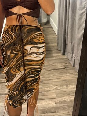 Ruched Mesh Midi Dress in Brown & Orange Animal Swirl